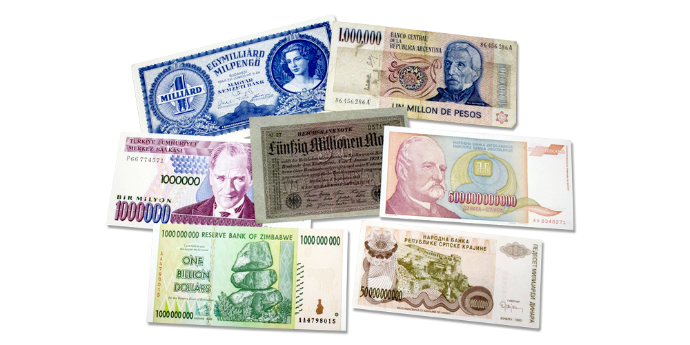 7 originele bankbiljetten allen in omloopt tijdens hyperinflatie