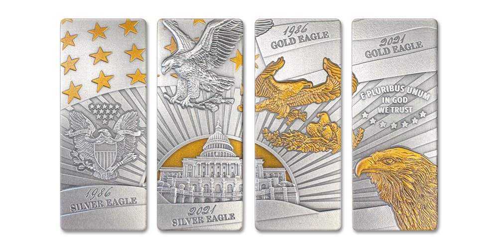 Amerikaanse Eagle zilveren baren, 4 x 1 oz zilver in 1 set