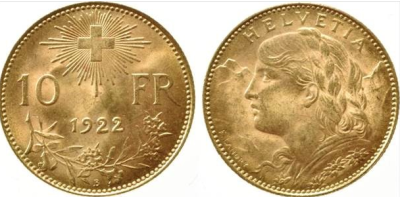 De gouden 10 Franken Vrenelli 1911-1922