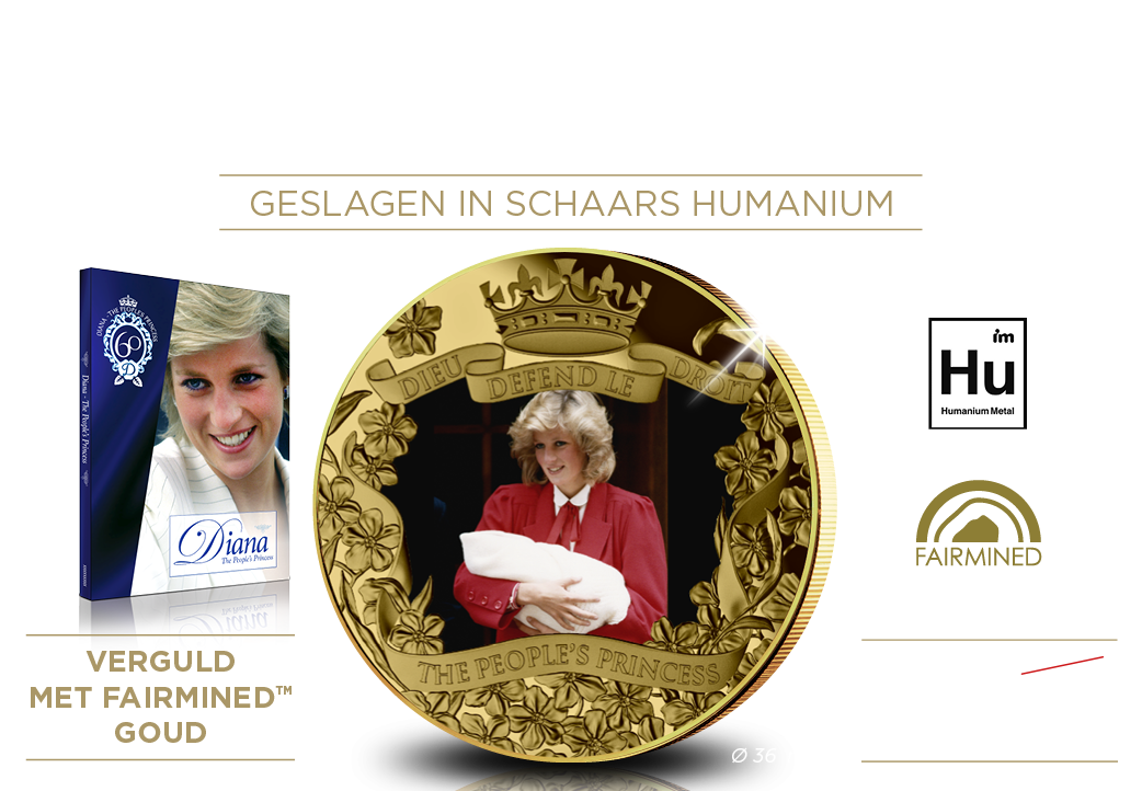 De officiele Diana Herdenkingsmunt in massief Humanium en goud verguld