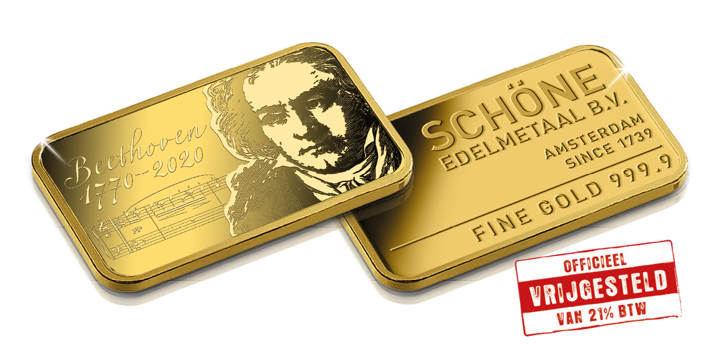 Koop munten online - Goudbaar - Beethoven - 7.5 gram puur goud! voor en achterzijde