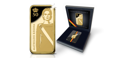 2,5 gram puur gouden baar ter ere van de 50e verjaardag van Koningin Mathilde