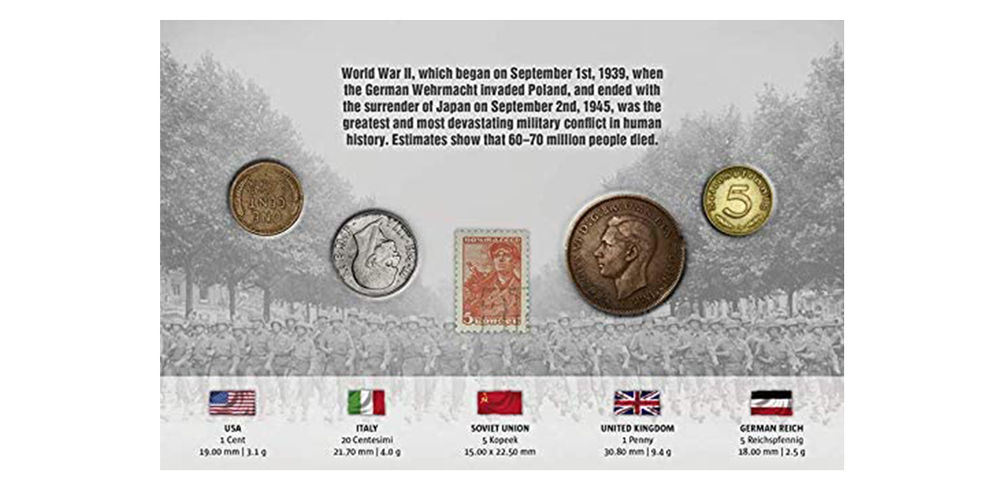 Set van tweede wereldoorlog munten en een postzegel 